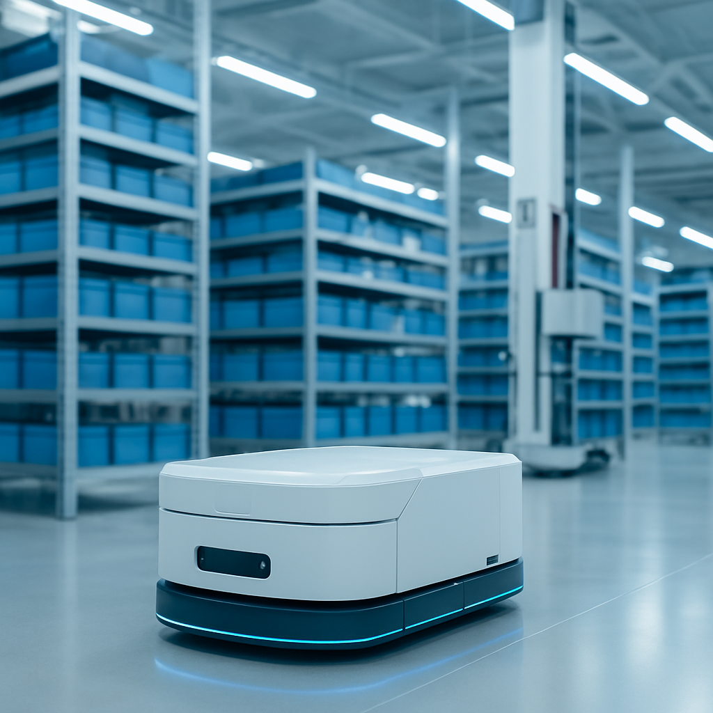 Automated warehouse with clean robotics and organized shelving