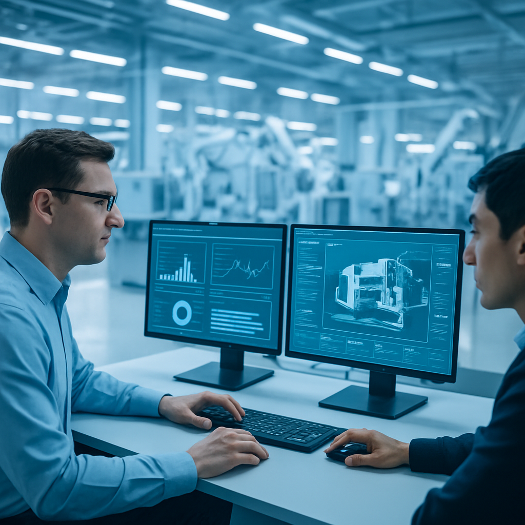 Modern manufacturing facility with engineers monitoring screens
