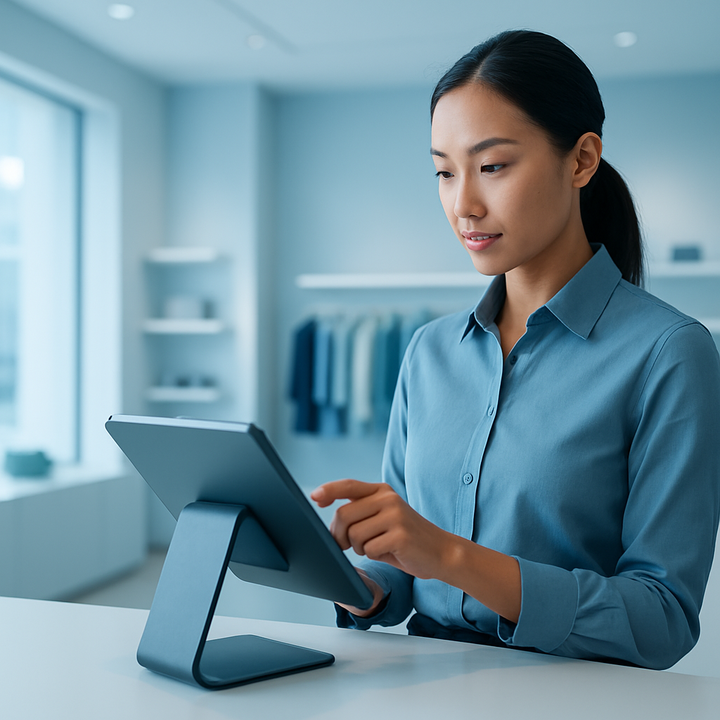 Modern retail store interior with staff using a tablet
